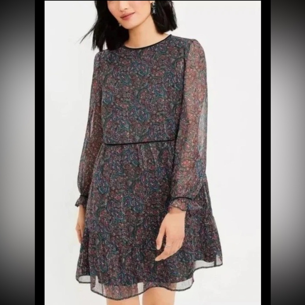 Loft Dress Size Petite XS Shimmer Paisley Romantic Peasant Velvet Trim Swing